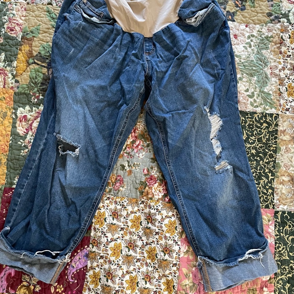 Maternity Indigo Blue Denim Capris with Tan Stitching